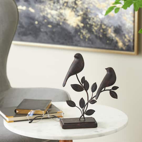 10" Black Polystone Bird Perching Decorative Sculpture with Leaf Vines and Copper Shading